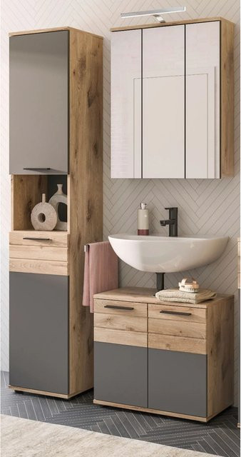 Inn.Furn Badmöbel-Set Eiche Grau in Matt mit Spiegelschrank, Waschtischunterschrank und Hochschrank sowie Soft-Close-Funktion, B/T/H: 112 x 34 x 190 cm - Bild 1