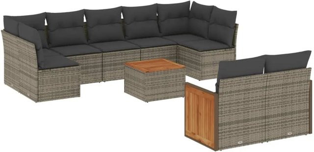 vidaXL 10-tlg. Garten-Sofagarnitur aus Poly-Rattan und Akazienholz in Grau mit Kissen - Bild 1