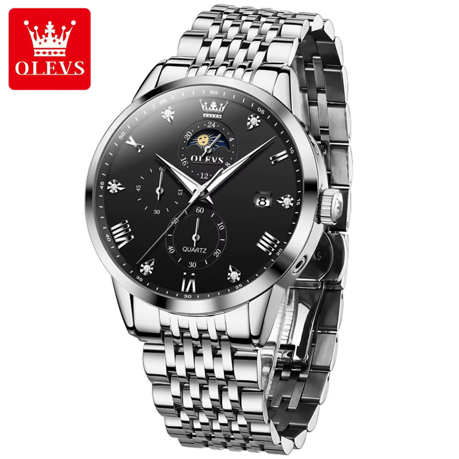 OLEVS Armbanduhr Chronograph, Quarz, Edelstahl, Schwarz, Herren - Bild 6