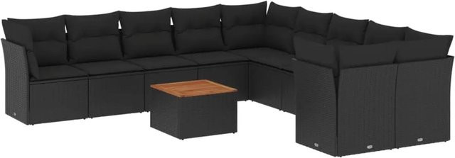 vidaXL 11-tlg Garten-Sofagarnitur aus Poly-Rattan und Akazienholz in Schwarz mit Kissen und Gartentisch - Bild 1