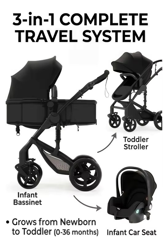 Magic ZC 3-in-1 Reise-Kinderwagen für Neugeborene mit Aluminiumrahmen und Federung in Grau und Schwarz - Bild 2