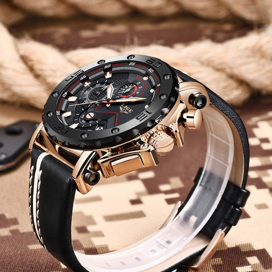 LIGE Armbanduhr, Leder, Schwarz, Quarz, Herren - Bild 4