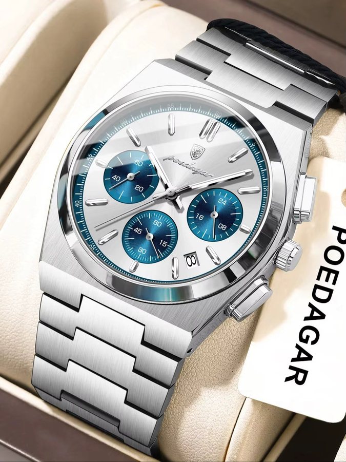 POEDAGAR Armbanduhr Chronograph, Quarz, Edelstahl, Blau, Herren - Bild 7