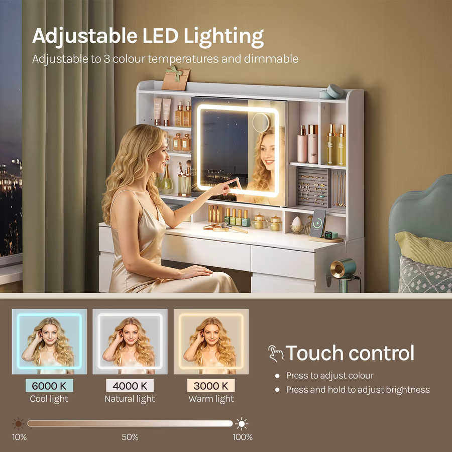 WOLTU Schminktisch für Mädchen in Weiß mit verstellbarer LED-Beleuchtung, 9 Schubladen und Schiebespiegel für das Schlafzimmer - Bild 3