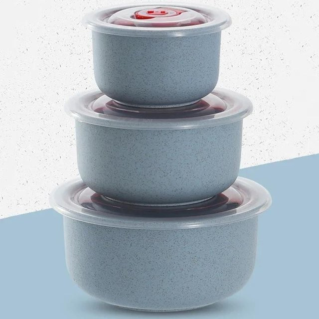 3-teiliges Frischhalte-Schüssel-Set aus Weizenstroh mit Deckel von Yiran Furniture, blau, mikrowellengeeignet - Bild 1