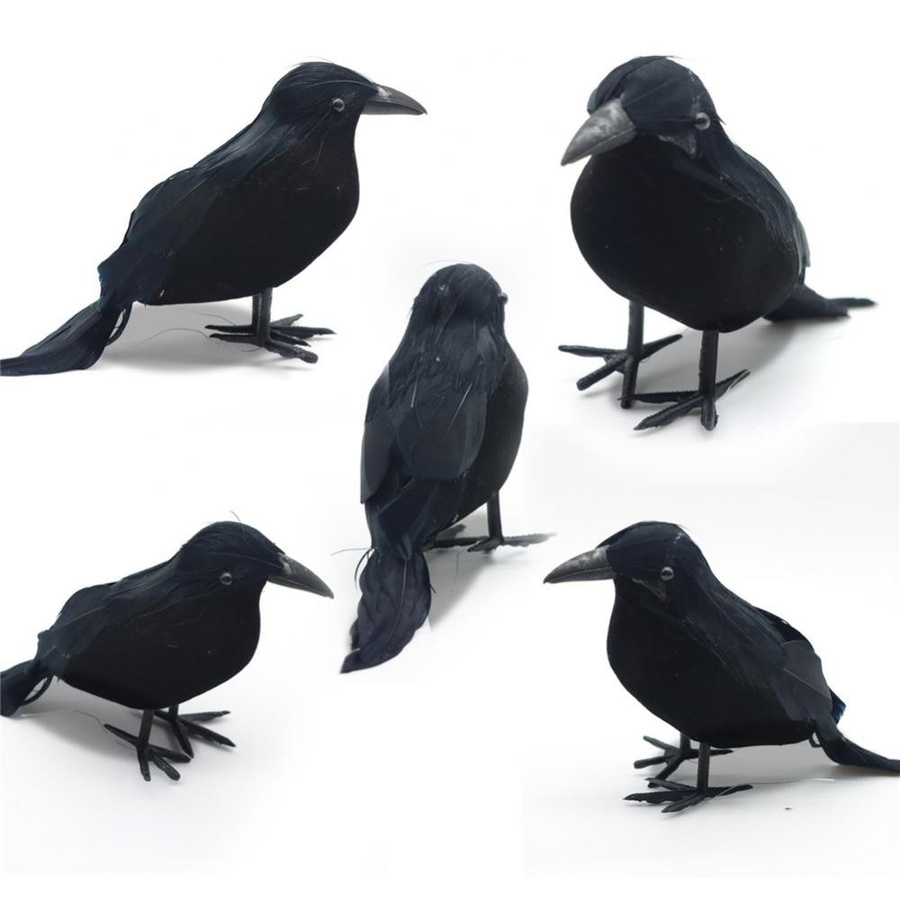 5er Set Künstliche Schwarze Krähen als Halloween Dekoration und Horror Requisiten aus Kunststoff - Bild 5
