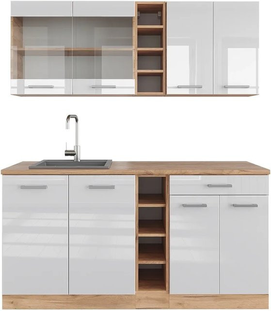 Vicco R-Line Singleküche Weiß Hochglanz und Eiche, Breite: 160 cm - Bild 1