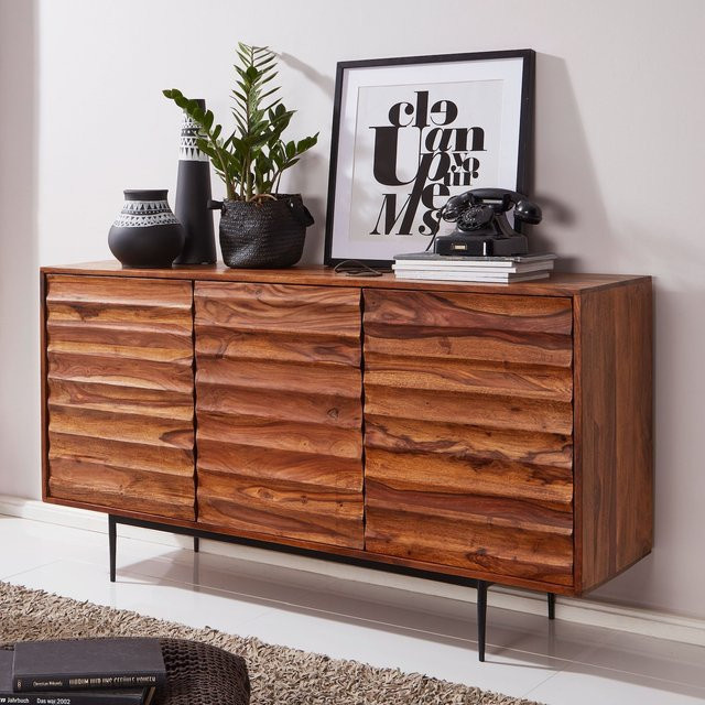 Finebuy Sideboard aus Sheesham Massivholz mit 3 Türen im 3D-Design und schwarzen Metallfüßen, Braun/Schwarz, Breite: 150 cm - Bild 1