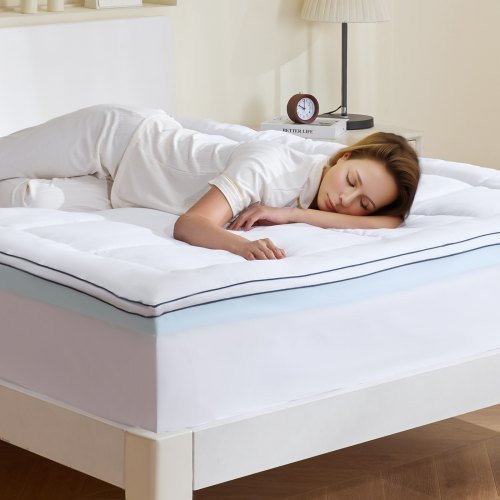 VEVOR Matratzenschoner Matratzenauflage mit Memory-Schaumstoff und Faserfüllung in Blau und Weiß, B/T/H: 152,4 x 203,2 x 7,62 cm - Bild 1
