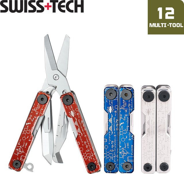 SWISS TECH 12 in 1 Multifunktions-Klappschere EDC Multitool mit Klappmesser und Box Cutter in Rot - Bild 1
