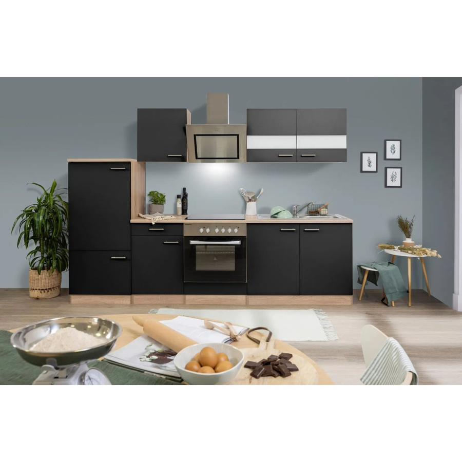 Respekta Economy Küchenzeile KB270ESSSC in Schwarz-Eiche Sägerau mit Kühl-Gefrierkombination, Breite: 270 cm, Höhe: 200 cm, Tiefe: 60 cm - Bild 2