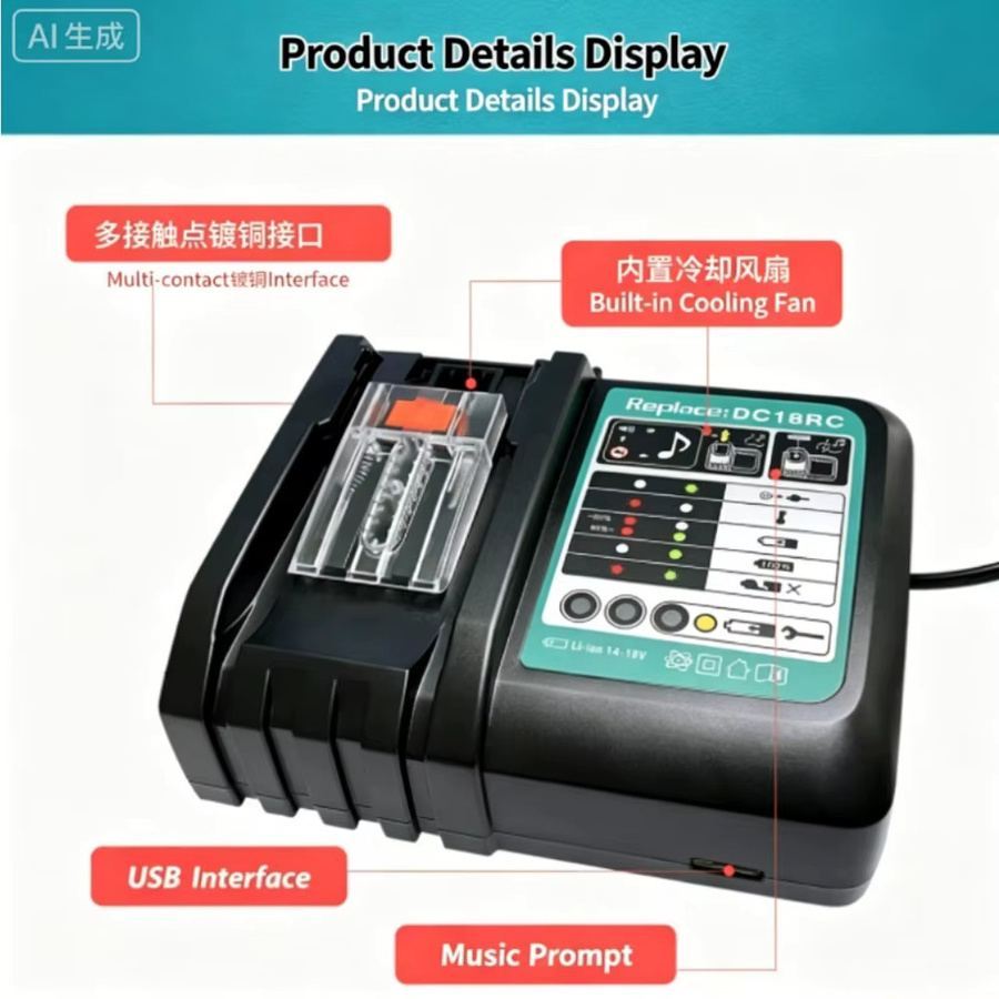 Makita Ersatzladegerät DC18RC in Schwarz für 14,4V-18V Lithium-Akkus der BL18-Serie - Bild 6