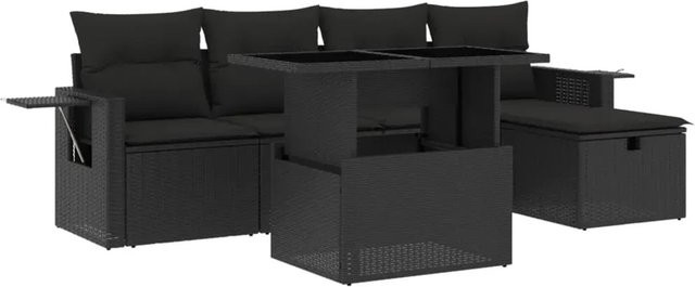 vidaXL 6-tlg Garten-Sofagarnitur in L-Form aus schwarzem Poly-Rattan mit UV-beständigen Polsterkissen und pulverbeschichtetem Stahlgestell - Bild 1
