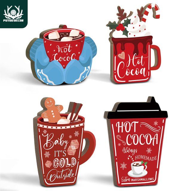 Putuo Decor 4-teilige Weihnachts-Holztischdekoration Heiß-Kakao-Motiv in Multicolor - Bild 1