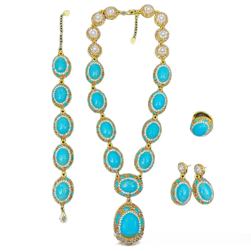 Schmuckset mit Türkis-Quarz-Anhänger, Perlenkette, Ohrringe, Ring, Gold - Bild 2