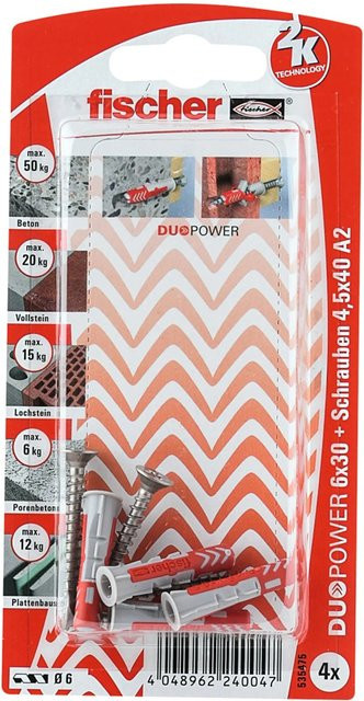 Fischer DuoPower Dübel mit Schrauben Set, Durchmesser: 6 mm, Länge: 30 mm, Farbe: Grau/Rot, Material: Nylon, 4 Stück - Bild 1