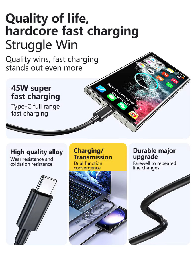 3CPS Dual USB-C Schnellladekabel 45W 5A in Schwarz für Samsung S24 S23 S22 Plus Note 20 Ultra und A55 A54 A53 Datenkabel - Bild 3
