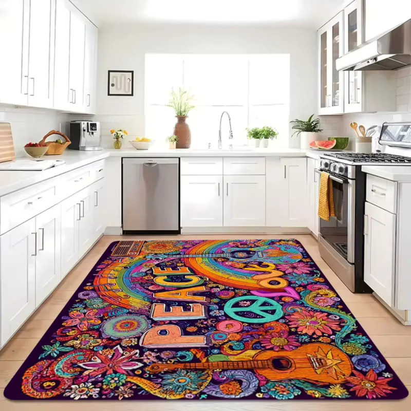 VIKAMA Hippie Peace & Love Teppich, bunter Boho-Teppich mit Regenbogen- und Gitarren-Print, rutschfest und waschbar, Multicolour - Bild 5