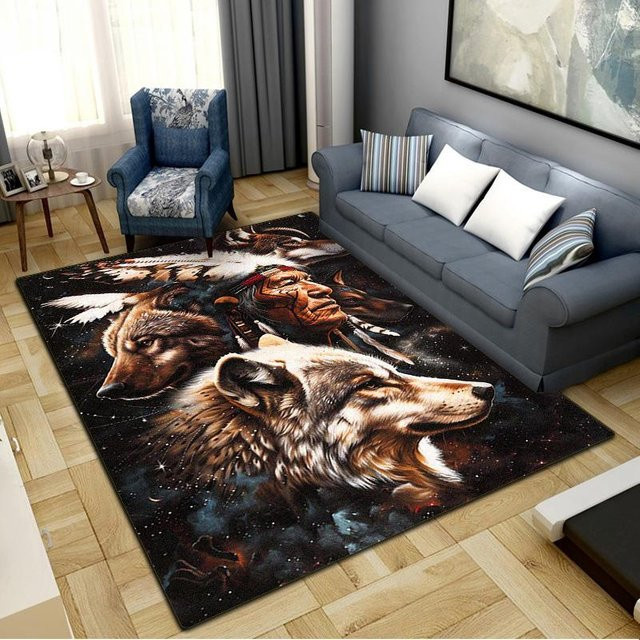 Rutschfester Teppich mit Indischem Häuptling Wolf Bär Motiv für Wohnzimmer und Kinderzimmer, Mehrfarbig, B/T: 70 x 100 cm - Bild 1
