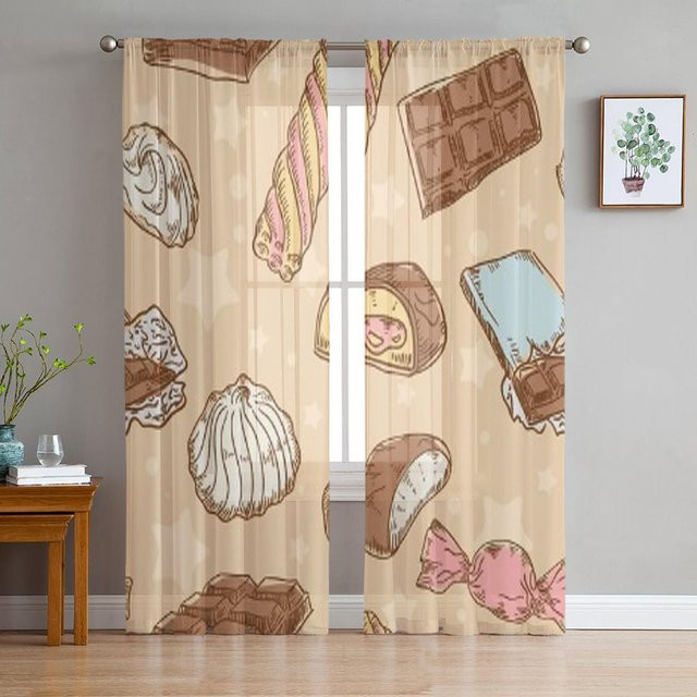 Super Six Transparentes Tüll-Fenstervorhang mit Vintage Süßigkeiten Motiv in Beige, Breite: 135 cm, Höhe: 114 cm - Bild 1