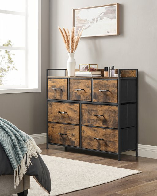 Songmics Kommode im industriellen Stil mit 7 Stoffschubladen und Metallrahmen, Braun-Schwarz, B: 98 cm, T: 28,5 cm, H: 85 cm - Bild 1