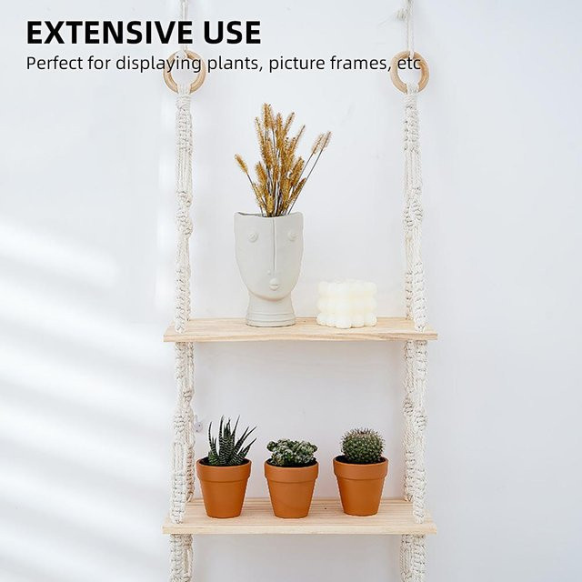 Dekoratives 3-stufiges Wandregal von mfySpace in Cremeweiß mit geflochtenem Seil im Boho-Stil für Wohnzimmer und Schlafzimmer - Bild 1