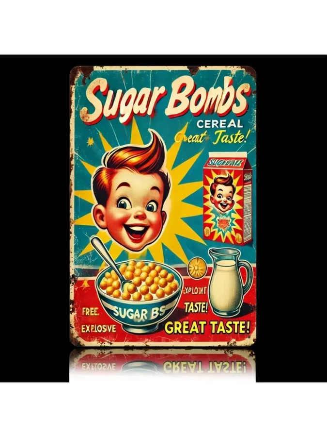 VintageGameDecor Fallout 3 Sugar Bomb Cereal Blechschild Retro-Metallschild mit Illustration eines fröhlichen Jungen - Bild 2