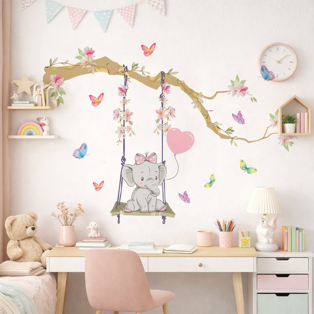 Kingsmile Wandtattoo Kinderzimmer Aquarell Design Niedlicher Schwingender Elefant mit Schmetterling auf Ast in Multicolour - Bild 1