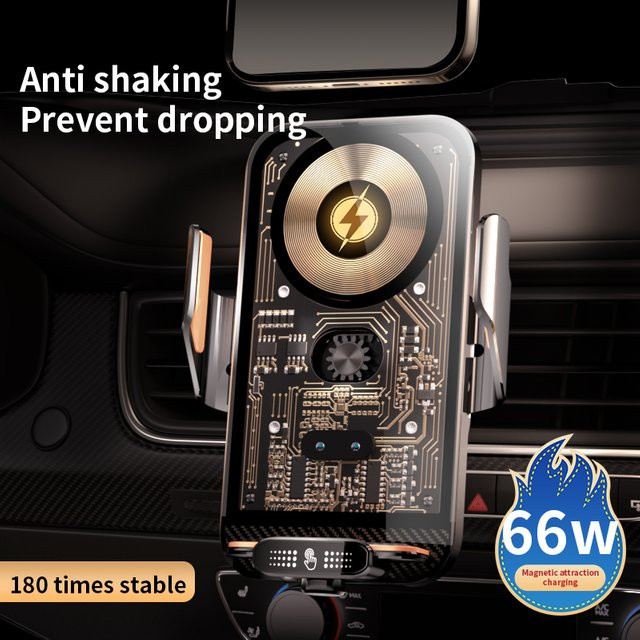 66W Autotelefonhalter mit drahtlosem Ladegerät und intelligentem Infrarot-Entlüftungsclip für iPhone, Samsung und Xiaomi, Schwarz - Bild 1