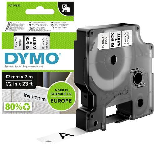 DYMO D1 Schriftbandkassette aus Polyester, Farbe: Weiß, Schriftfarbe: Schwarz, Breite: 12 mm, Länge: 7 m - Bild 1
