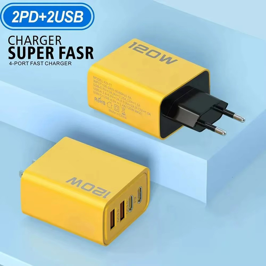 120 W USB C Schnellladegerät mit 4 Ports für iPhone, Samsung und Xiaomi, Ladegerät Adapter mit QC3.0 in Weiß und Gelb - Bild 2