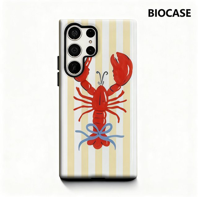 Handyhülle mit rotem Hummer und blauer Schleife für Samsung Galaxy S25 Ultra, S24 und S23 Ultra Plus mit glänzender doppellagiger Rückseite - Bild 1