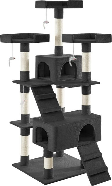 tectake Kratzbaum Barney Schwarz mit Sisal, 2 Katzenhäusern, 2 Treppen und integriertem Spielzeug, H x B x T: 170 x 70 x 54 cm - Bild 2