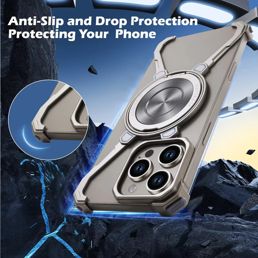 Oatsbasf X-förmige rahmenlose Schutzhülle für iPhone 16 15 14 13 Pro Max mit Ringständer und Lünette in Titanium, stoßfeste Metall-Telefonabdeckung - Bild 5