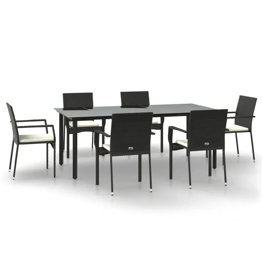 vidaXL 7-teilige Garten-Essgruppe aus Poly Rattan in Schwarz mit Kissen und Tisch aus gehärtetem Glas - Bild 2