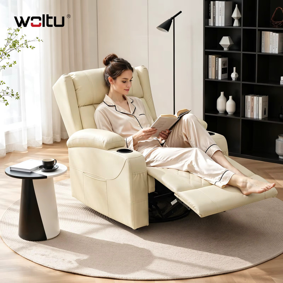 WOLTU Relaxsessel Beige mit verstellbarer Rückenlehne, Fußstütze und Getränkehalter, 360 Grad drehbarer Einzelsessel aus Kunstleder - Bild 3