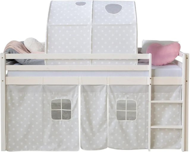 Homestyle4u Hochbett für Kinder aus Kiefernholz mit Vorhang und Tunnel in Weiß mit Sternen, B/T/H: 90 x 200 x 167 cm - Bild 1