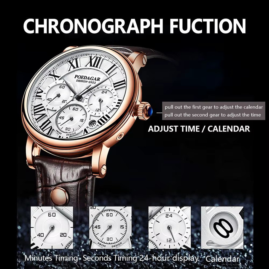 POEDAGAR Armbanduhr Chronograph, Quarz, Leder, Herren, Roségold, Silber - Bild 2