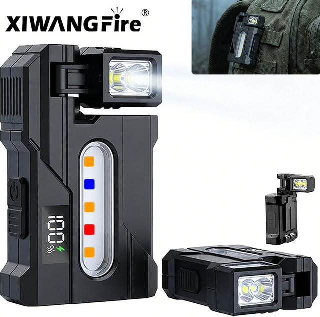 XIWANGFIRE Multifunktionale EDC-Taschenlampe mit COB-LED, rotierbare Stirnlampe und Magnet, Akku-Aufladbar, Rot/Blau - Bild 1