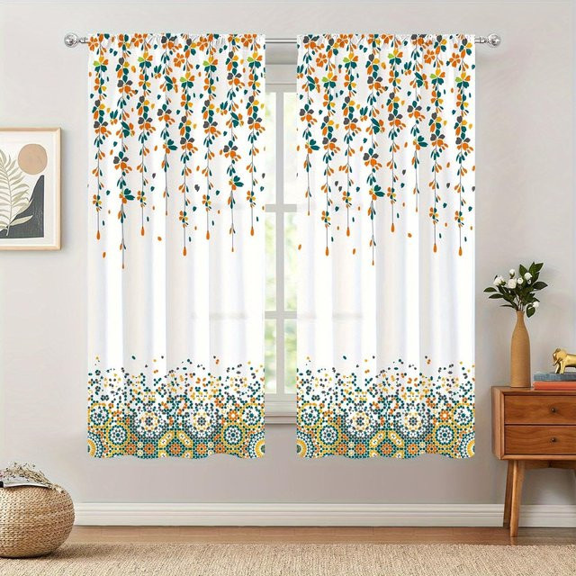 2er-Set halbverdunkelnde Küchenvorhänge von Yiran Furniture mit Aquarell-Blumenmuster in Multicolour, Breite: 70 cm, Höhe: 185 cm - Bild 1