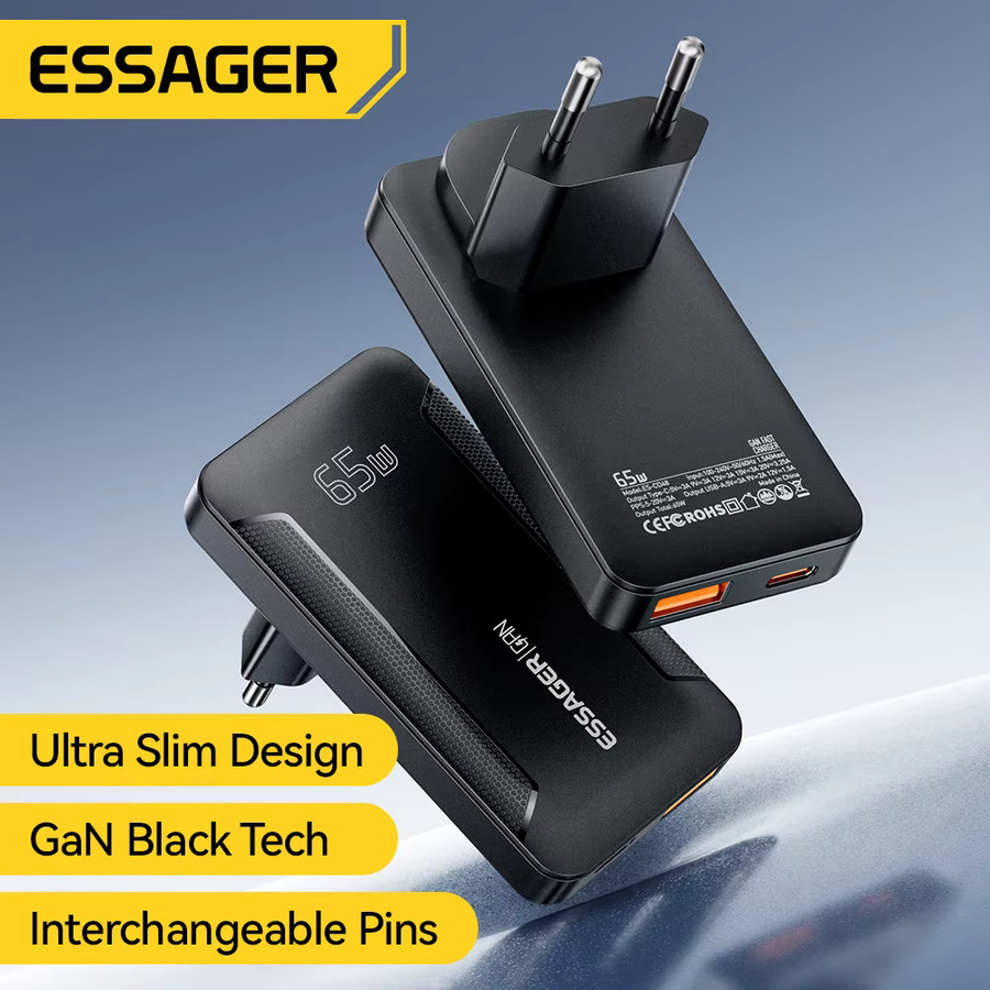 Essager Slim 65 W GaN Reiseladegerät mit USB-A und USB-C, tragbares Schnellladegerät für iPhone, Samsung und MacBook, erhältlich in Schwarz oder Grau - Bild 2