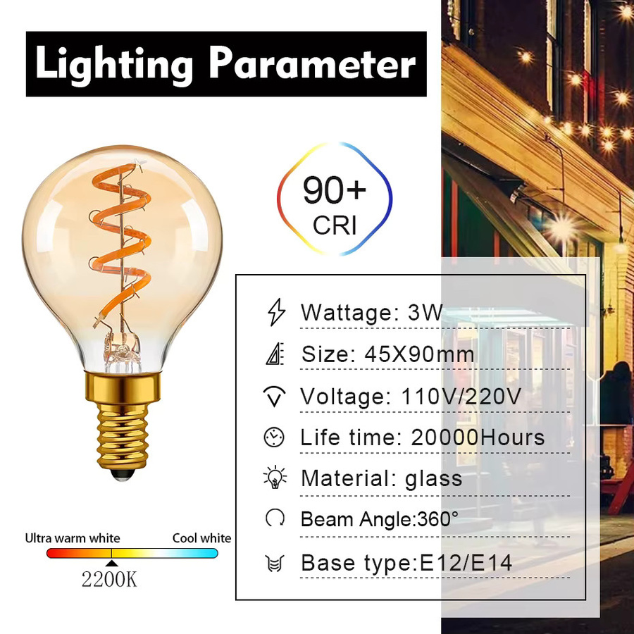 Grensk Retro LED Spirale Glühlampe G45 Globe Ball in Bernstein, 3W, E14, Warmweiß 2200K, Glas - Bild 4