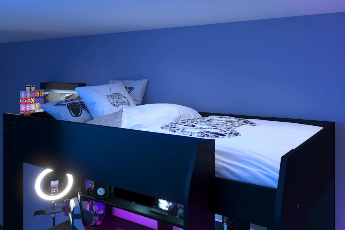 Parisot Möbel Hochbett Gaming in Schwarz mit USB-Ladeport, Nachttischregal und Unterbettbeleuchtung, B/T/H: 90 x 200 x 220 cm - Bild 2