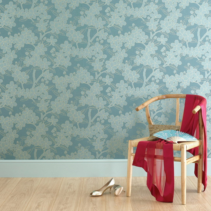 Little Greene Tapete Camellia Teal mit floralem Botanik-Design in Blau und Petrol - Bild 1