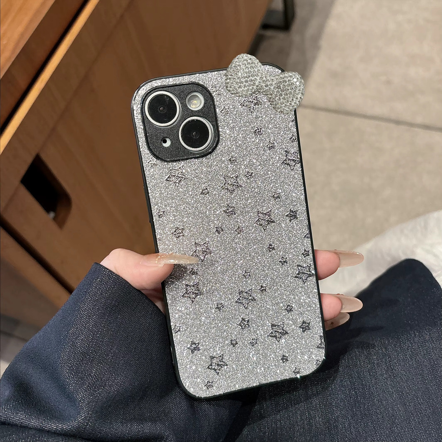 Luxuriöse Handyhülle mit 3D-Diamant-Schleife und funkelnden Sternen für Apple iPhone 12 bis 17 Pro Max in Schwarz Matt - Bild 3