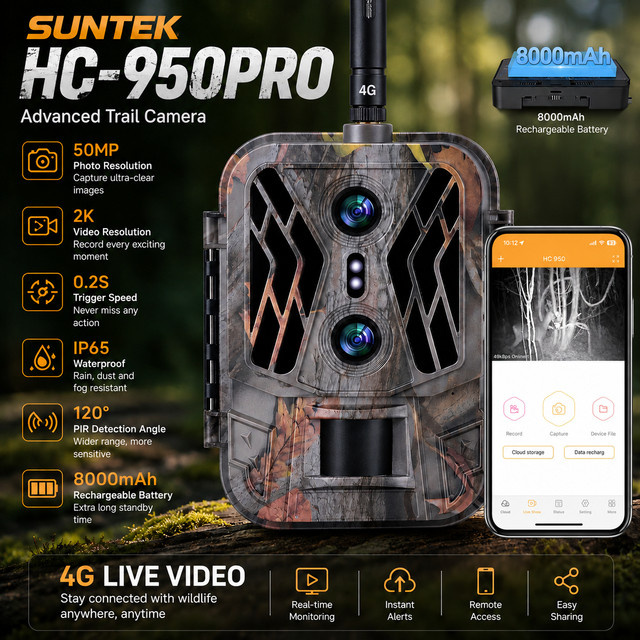 Suntek Wildkamera mit 50MP 4K Auflösung, 8000mAh Akku und APP-Steuerung für Live-Übertragung und Nachtsicht in Multicolor - Bild 1