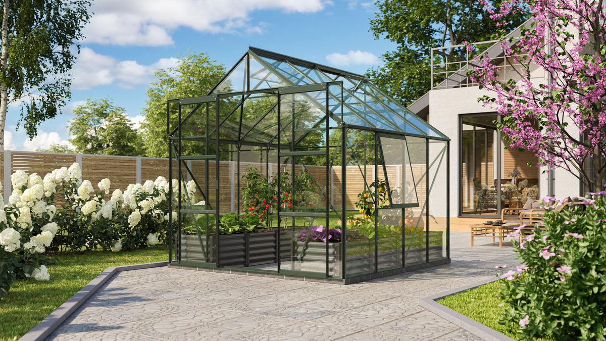 Vitavia Gewächshaus Jupiter 6700 in Smaragdgrün mit 6,7 m² Fläche, ESG-Sicherheitsglas und Doppelschiebetür - Bild 3