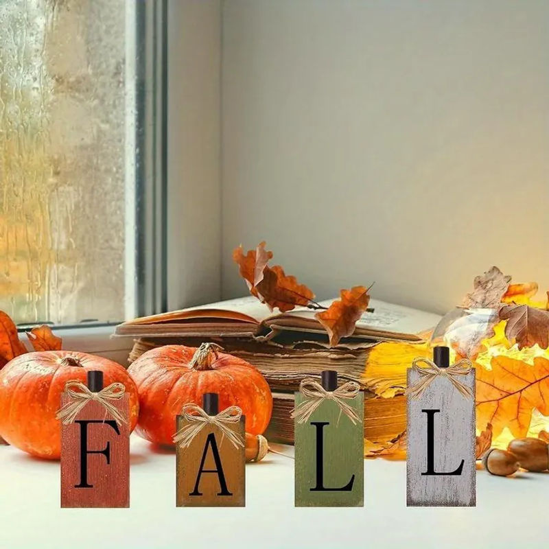 4er-Set Herbstdekoration aus Holz im Vintage Bauernhaus-Stil, mehrfarbige Tischschilder für Thanksgiving und Erntezeit - Bild 2