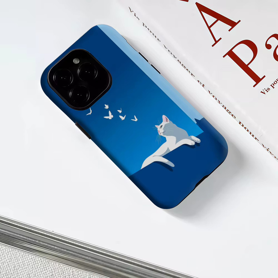Robuste magnetische Handyhülle mit weißem Katzenmotiv für iPhone 17 16 15 14 13 Pro Max Plus in Weiß und Blau - Bild 3