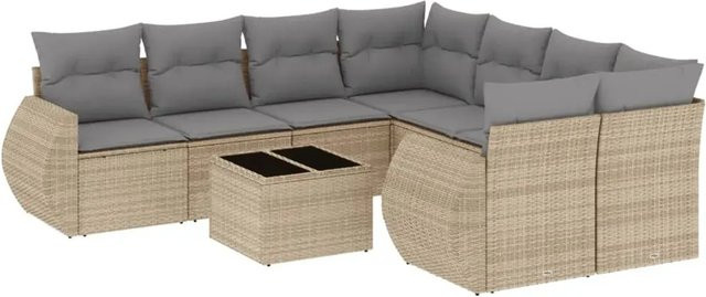 vidaXL 9-tlg Garten-Sofagarnitur in L-Form aus Poly-Rattan mit Kissen, Beige - Bild 1